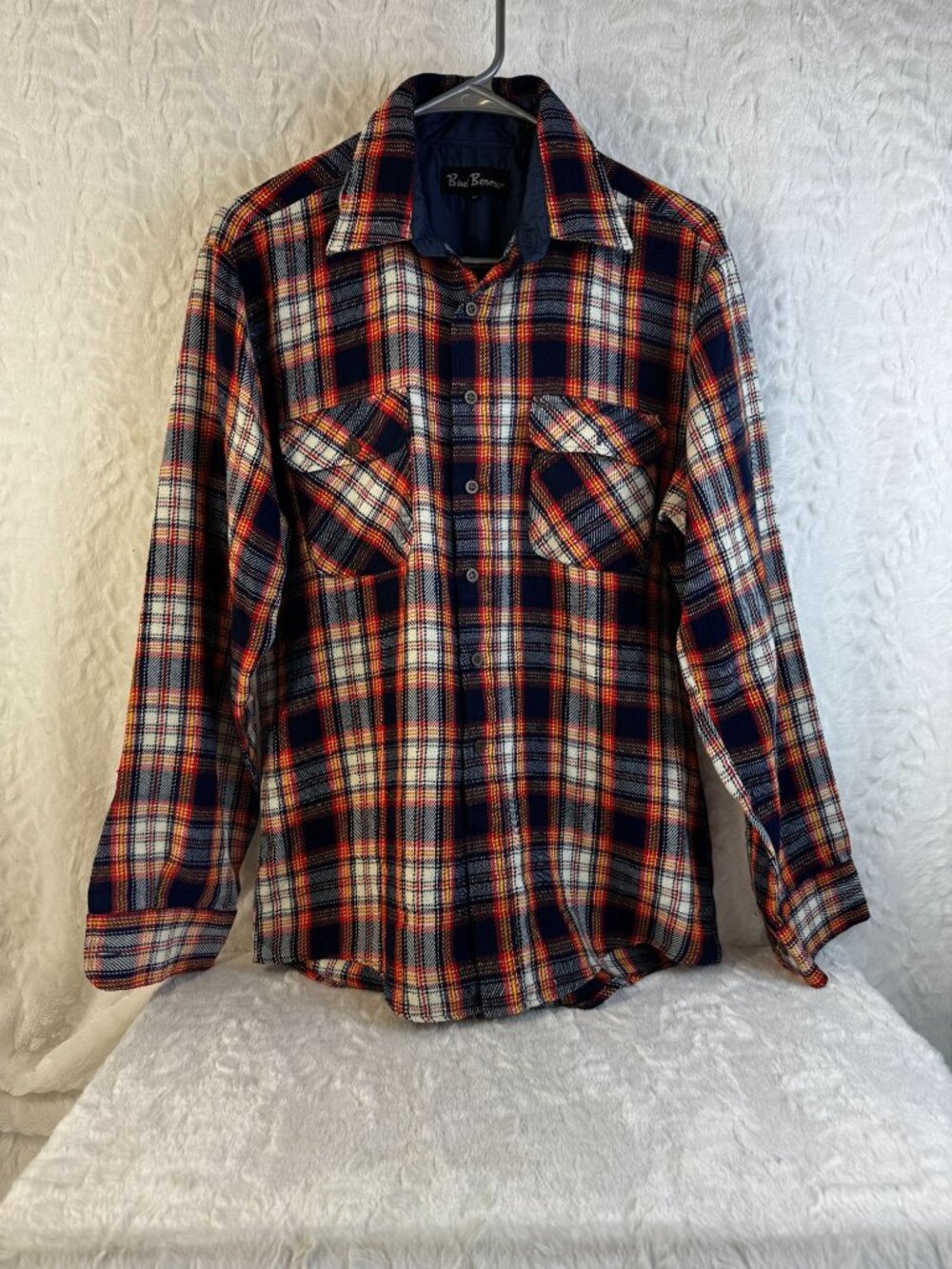 Bud Berma Mens Plaid Button-Up Shirt M Red Navy White Long Sleeve Vintage Retro